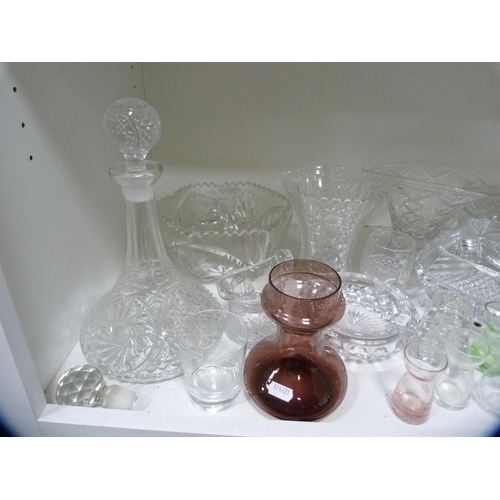 184 - Collection of glassware including decanter, bulb vase, fruit bowls, glasses etc (one shelf).