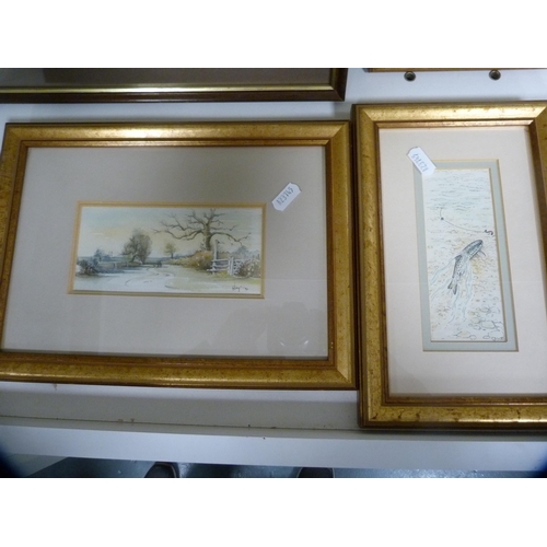 189 - Pictures to include watercolours, shipping scene, fishing scene etc (one shelf).