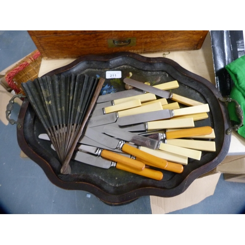 211 - Lacquered papier mâché tray. fan and a quantity of Bloxham of Sheffield and other table... 