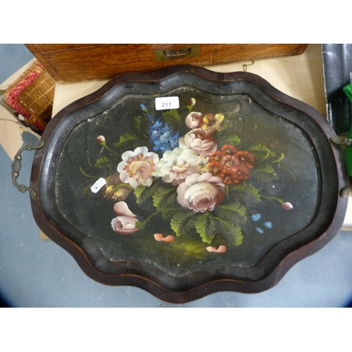 211 - Lacquered papier mâché tray. fan and a quantity of Bloxham of Sheffield and other table... 