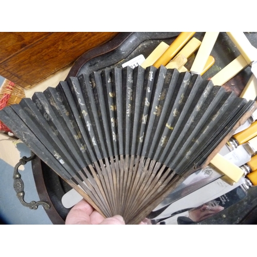 211 - Lacquered papier mâché tray. fan and a quantity of Bloxham of Sheffield and other table... 