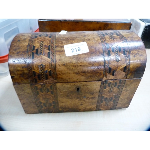 219 - Victorian walnut portable box, Victorian walnut and marquetry domed box (lacking interior) and an In... 