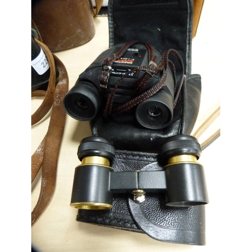 220 - Opticron spotting scope, lenses, hip flask, Chesterman tape measure, pair of cased binoculars and an... 