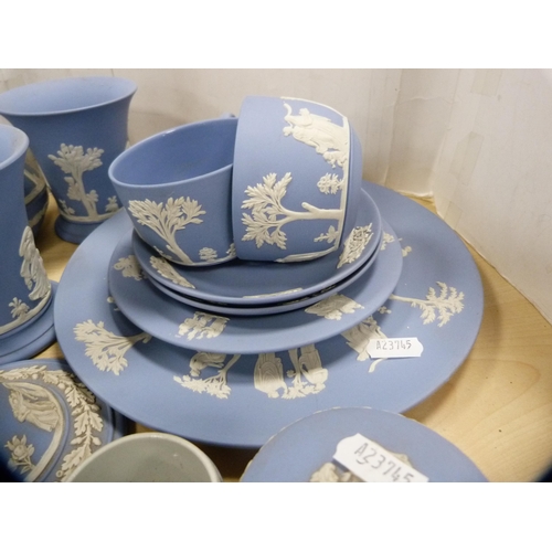 230 - Collection of Wedgwood blue Jasper ware to include vases, table wares, trinket boxes, also green Jas... 