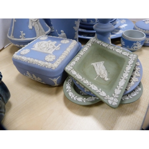 230 - Collection of Wedgwood blue Jasper ware to include vases, table wares, trinket boxes, also green Jas... 