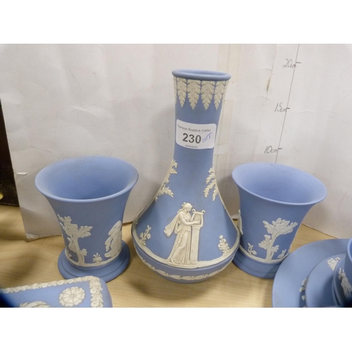 230 - Collection of Wedgwood blue Jasper ware to include vases, table wares, trinket boxes, also green Jas... 