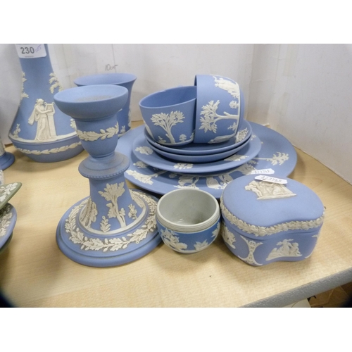 230 - Collection of Wedgwood blue Jasper ware to include vases, table wares, trinket boxes, also green Jas... 