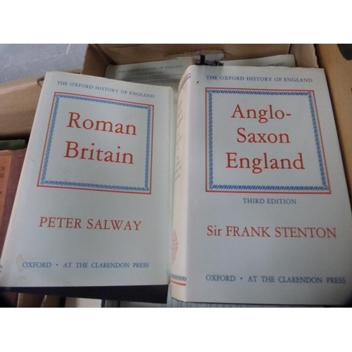 233 - Two cartons of miscellaneous books to include novels, Anglo Saxon England, Roman Britain, MacAulay's... 