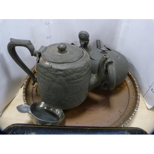 236 - Pewter kitchenalia to include teapots, boxed EP and other table cutlery, copper tray etc.