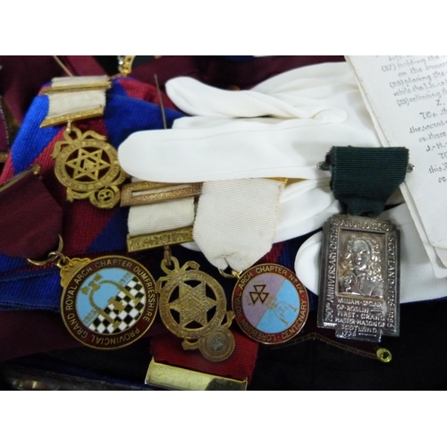 244 - Group of Masonic regalia to include apron, sashes, ties, badges and ephemera.