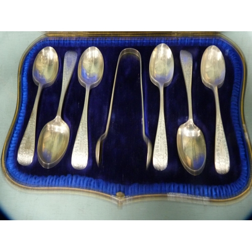 247 - Set of six silver teaspoons and tongs, boxed.