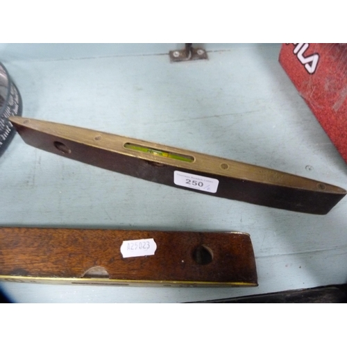 250 - Two antique mahogany and brass-bound spirit levels, one marked for J Rabone & Sons of Birmingham... 