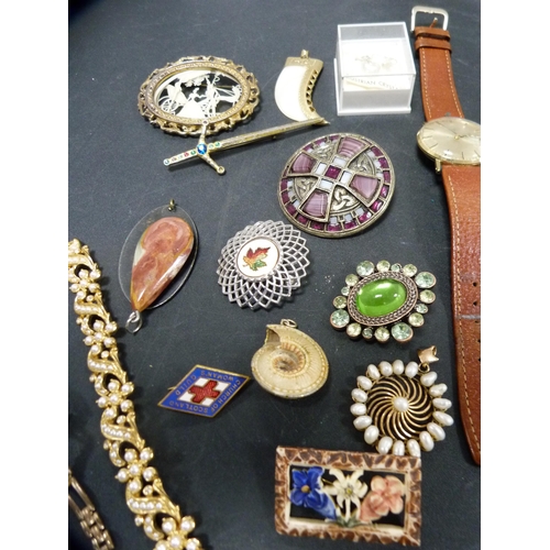 256 - Group of costume jewellery to include brooches, bracelet, and a gent's Rotary wristwatch with date w... 