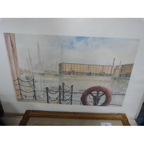 26 - Framed Victorian-style print, unframed prints,  calendars depicting the Albert Dock etc.