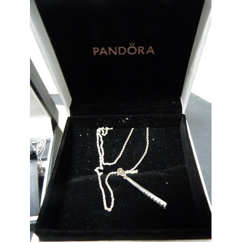 283 - Modern Pandora pendant on chain, boxed, another sterling silver pendant on chain, silver and opal-st... 