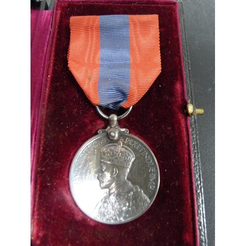 288 - George V Faithful Service silver medal on a red and blue ribbon, fitted case, a Regency coin dated 1... 