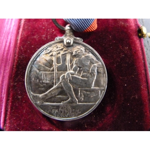 288 - George V Faithful Service silver medal on a red and blue ribbon, fitted case, a Regency coin dated 1... 