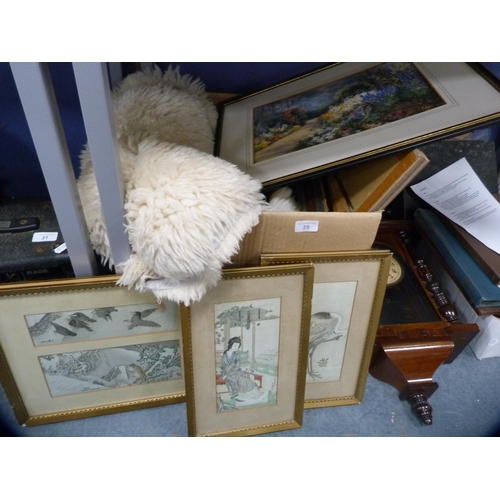 29 - Three framed oriental prints including leopards, exotic bird and other prints and pictures to includ... 