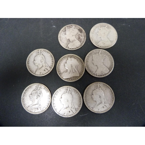 290 - Eight Victorian silver coins, 86.6g gross.