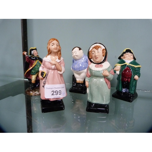 299 - Five Royal Doulton figures, 'Mrs Bardell', 'Town Crier', 'Fat Boy', 'Little Angel' and 'Bumble'.&nbs... 