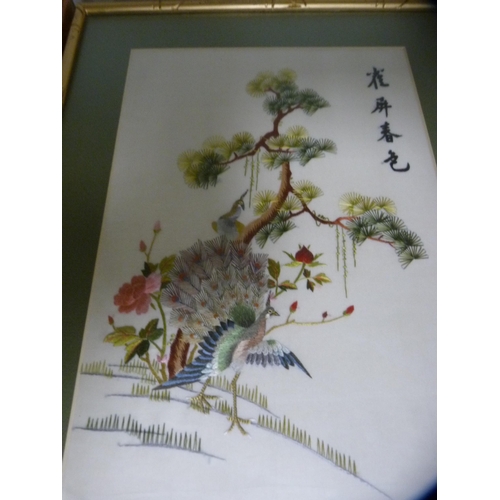 305 - Group of modern oriental and Indian pictures and embroideries to include Chinese-style embroideries ... 