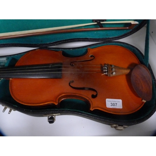 307 - Chinese violin and two bows, in fitted case (one shelf).