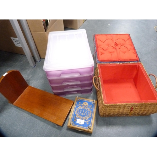 36 - Wooden flower press, wicker sewing basket, book trough and a plastic filing tray.