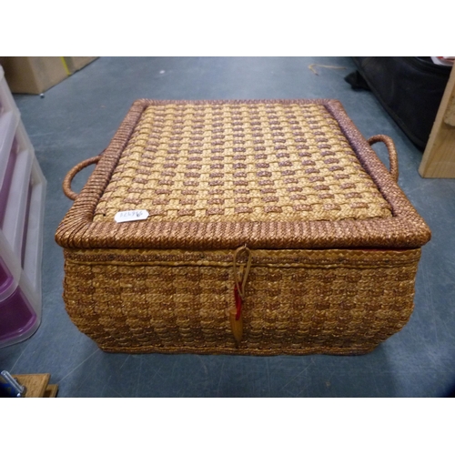 36 - Wooden flower press, wicker sewing basket, book trough and a plastic filing tray.