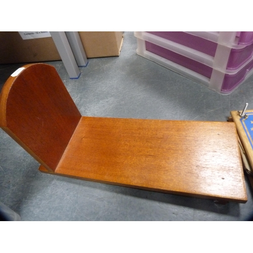 36 - Wooden flower press, wicker sewing basket, book trough and a plastic filing tray.