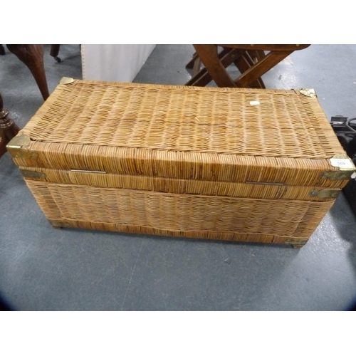 369 - Oriental brass-bound and wicker trunk, a wicker picnic basket, another basket and an owl planter.