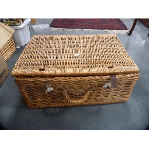 369 - Oriental brass-bound and wicker trunk, a wicker picnic basket, another basket and an owl planter.