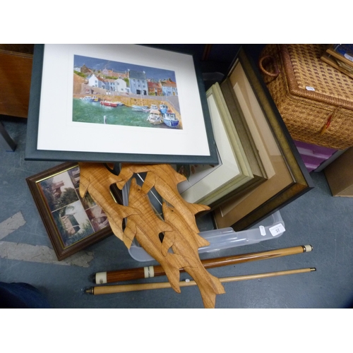 37 - Carved wooden panel depicting fish, snooker cue, framed prints etc.