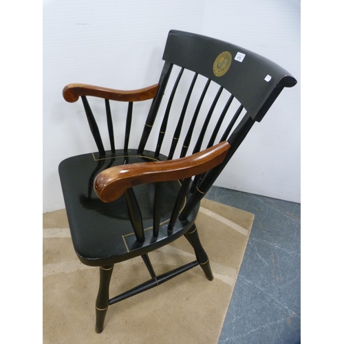 418 - Ebonised spindle-back elbow chair, crested.