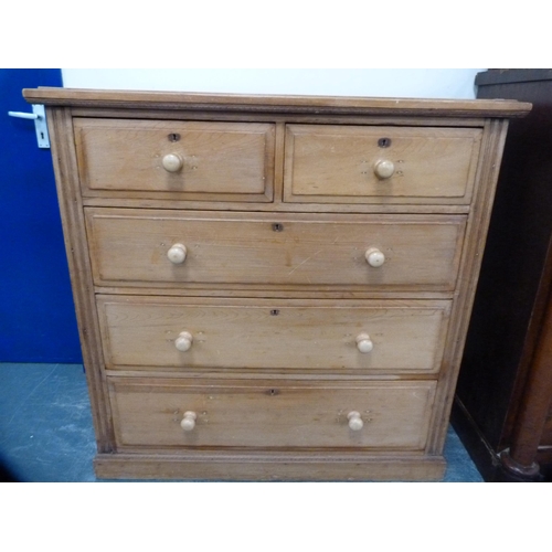 422 - Pine chest of two short and three long drawers.