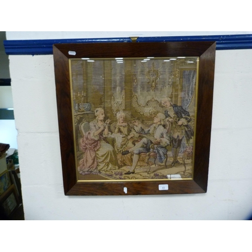 43 - Framed tapestry depicting an 18th century parlour.