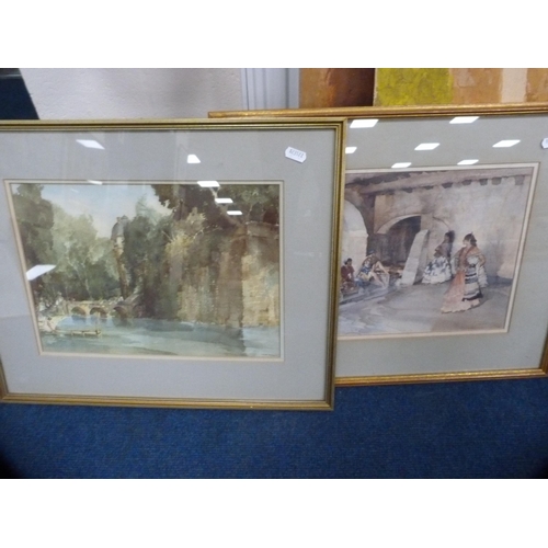 44 - Three contemporary abstracts on board, signed Chapman, and three William Russell Flint prints.  (6)