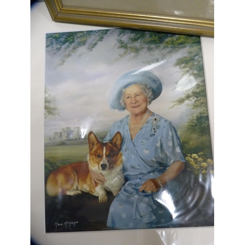 48 - Three framed tapestries and a print of the Queen Mother.