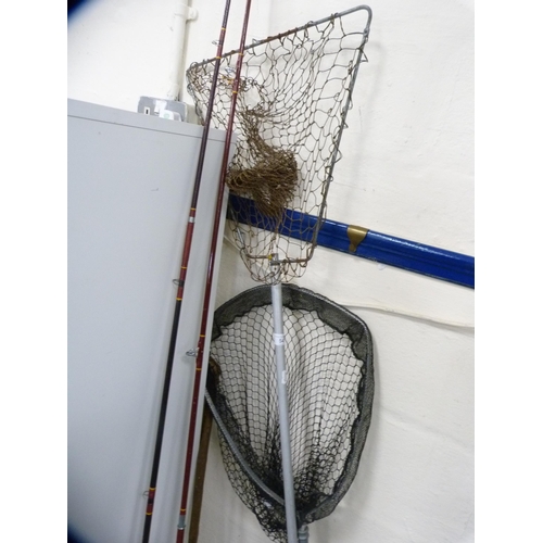 54 - Collection of fishing accessories including landing nets, rod etc.