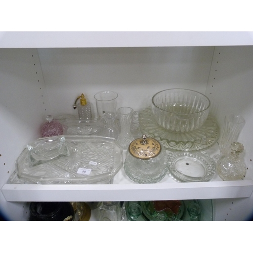 58 - Collection of glassware including dishes, bowl, dressing table items etc (one shelf).