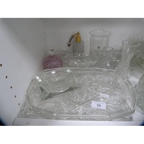 58 - Collection of glassware including dishes, bowl, dressing table items etc (one shelf).