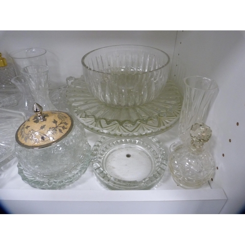 58 - Collection of glassware including dishes, bowl, dressing table items etc (one shelf).