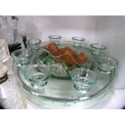 59 - Collection of glassware including tealight holder, decanter etc (one shelf).