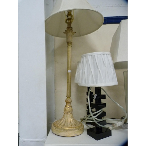 60 - Painted fluted column table lamp, two mirrored panel lamps and a pair of small contemporary table la... 