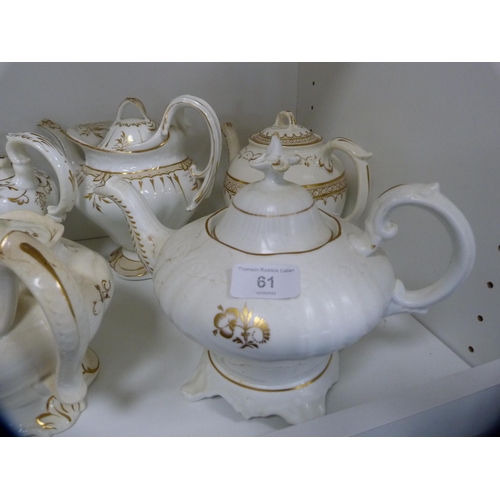 61 - Collection of Victorian teapots and cream jugs (one shelf).