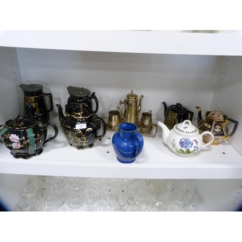 62 - 19th century teapots, Portmeirion teapot, an EP bachelor's tea set on tray and two pewter-lidded wat... 