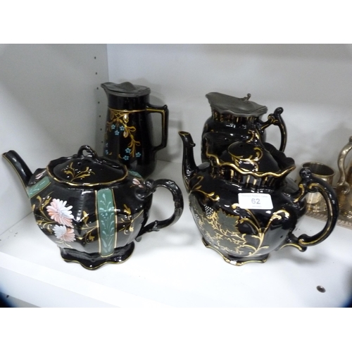 62 - 19th century teapots, Portmeirion teapot, an EP bachelor's tea set on tray and two pewter-lidded wat... 