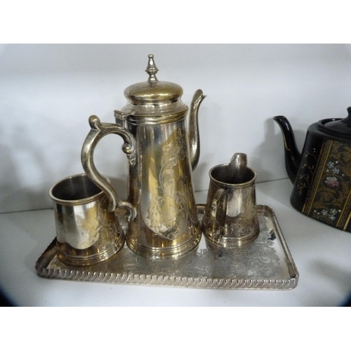 62 - 19th century teapots, Portmeirion teapot, an EP bachelor's tea set on tray and two pewter-lidded wat... 