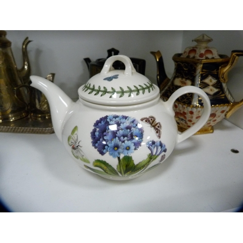 62 - 19th century teapots, Portmeirion teapot, an EP bachelor's tea set on tray and two pewter-lidded wat... 