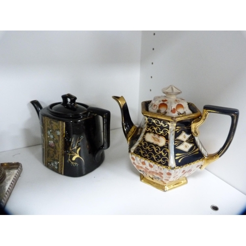 62 - 19th century teapots, Portmeirion teapot, an EP bachelor's tea set on tray and two pewter-lidded wat... 