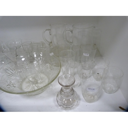 63 - Collection of glassware including spiral glasses, jugs, bowl, dishes etc (one shelf).